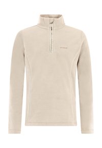 Beige Fleece-Pullover mit hohem Kragen, Viertel-Reißverschluss und dezentem Logo-Detail auf der Brust. Weicher Stoff, lange Ärmel und gerade Passform.