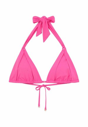 Top de bikini triunghiular roz aprins cu gât halter și închidere cu legături la spate și în față, realizat dintr-un material neted.
