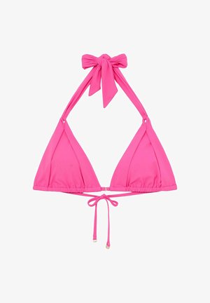 Ryškios rožinės spalvos trikampio formos bikinio viršus su aukščiau užrišamu kaklu ir užrišamu užpakalinėje bei priekinėje dalyse, pagamintas iš lygaus audinio.