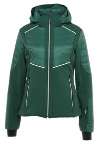 Veste de ski verte avec capuche, dotée d'épaules rembourrées, de panneaux matelassés verticaux, de poches zippées et d'accents blancs contrastants.