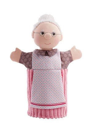 Weiche Handpuppe einer älteren Frau mit weißen Haaren, runden Brillen, einem gemusterten Kleid und einem rosa strukturierten Rock.