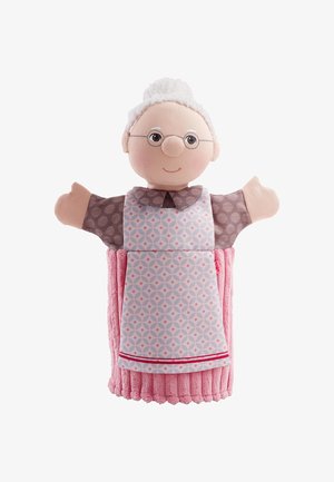 Weiche Handpuppe einer älteren Frau mit weißen Haaren, runden Brillen, einem gemusterten Kleid und einem rosa strukturierten Rock.