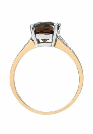 Brauner Steinring mit einem facettierten achteckigen Zentrum, gesetzt in einem Silberband mit goldenen Akzenten und kleinen Steinen entlang der Seiten.