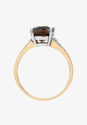 Brązowy pierścień z fasetowanym ośmiokątnym kamieniem centralnym, osadzony w srebrnej obrączce z złotymi akcentami i małymi kamieniami po bokach.