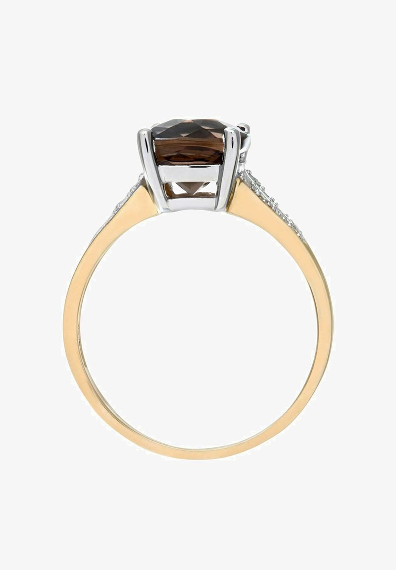 Brūna akmens gredzena dizains ar facētu astoņstūru centrālo akmeni, kas iekonservēts sudraba joslā ar zeltītām akcentiem un mazām akmeņu rotājumiem sānos.