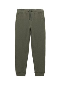 Groene joggingbroek van zacht materiaal, met zijzakken, een elastische tailleband met trekkoord en geribbelde boorden. Geen patronen of accenten.