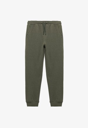 Grüne Jogginghose aus weichem Stoff, mit Seitentaschen, elastischem Bund mit Kordelzug und gerippten Bündchen. Keine Muster oder Akzente.