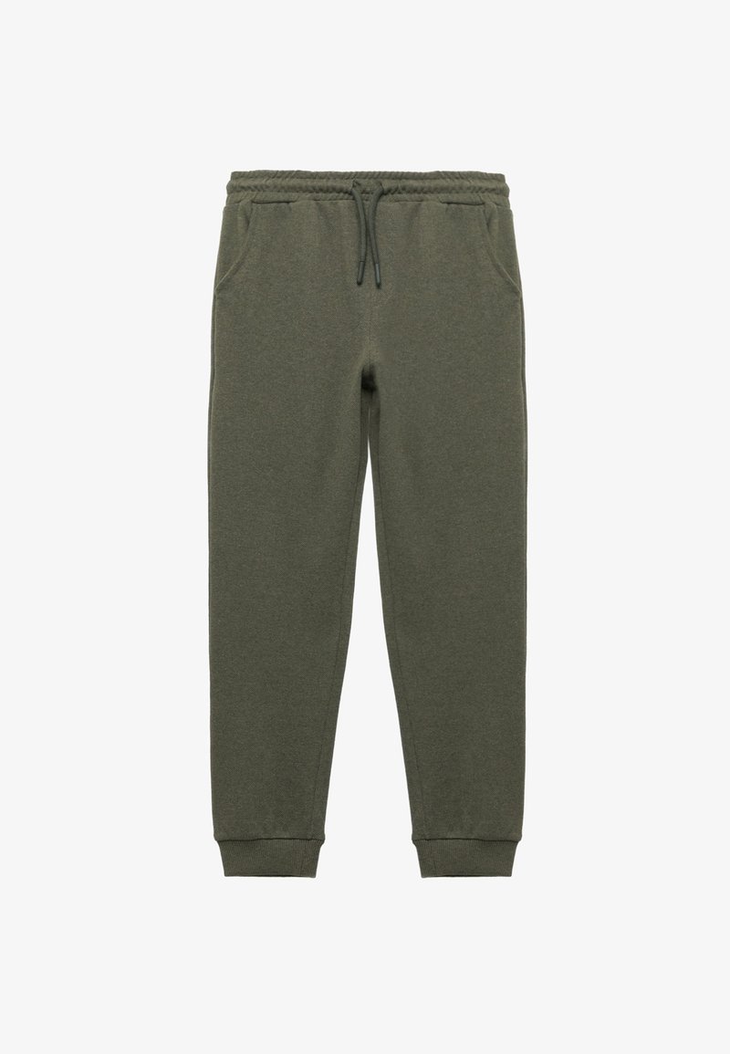 Groene joggingbroek van zacht materiaal, met zijzakken, een elastische tailleband met trekkoord en geribbelde boorden. Geen patronen of accenten.