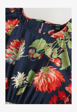 Navy-blaues Blumenkleid mit roten, rosa und grünen Blumenmustern. Aus weichem Stoff, mit einem runden Ausschnitt und einem Reißverschluss hinten.