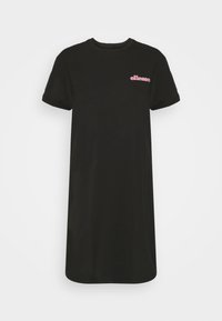 Robe t-shirt noire en coton, avec des manches courtes et un col rond. Logo rose sur la partie gauche de la poitrine. Coupe simple et droite.