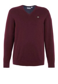 Pull bordeaux à col en V et manches longues avec un petit logo crocodile vert sur la poitrine gauche.