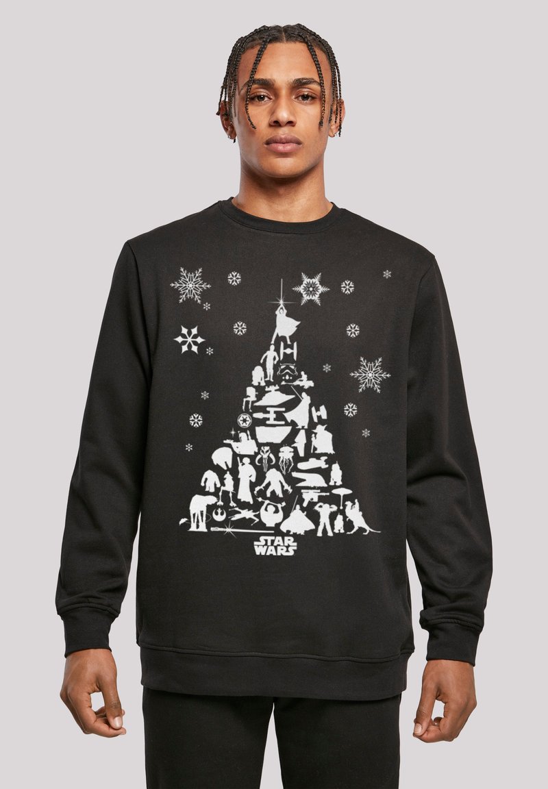 Felpa nera con un design grafico bianco che rappresenta un albero di Natale composto da vari personaggi di "Star Wars", con fiocchi di neve attorno.