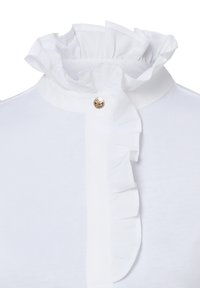 Bela srajca z visokim ovratnikom in gubi, z zlatim gumbom na ovratniku. Mehka tkanina z gladko teksturo.