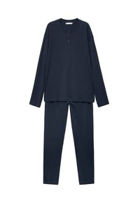 Marineblaue Lounge-Set aus weichem, geripptem Stoff; Langarmshirt mit Henley-Ausschnitt und drei Knöpfen; passgenaue, schmal geschnittene Hose.