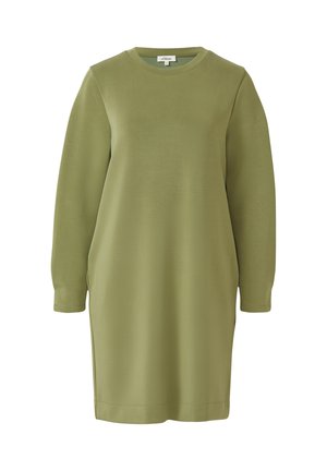 Casual jurk met lange mouwen in olijfgroen, met ronde hals en rechte silhouet, gemaakt van gladde stof.