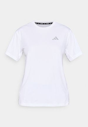 Biała sportowa koszulka z krótkim rękawem wykonana z oddychającego materiału. Na lewej piersi znajduje się srebrne logo Adidas, a koszulka ma okrągły dekolt.