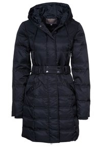 Svart pufferjacka med huva, med bälte i midjan, quiltat mönster, sidofickor och tryckknappsstängning.