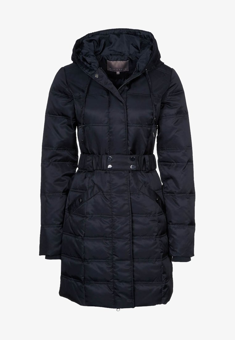 Black puffer coat with a hood, featuring a belted waist, quilted texture, side pockets, and snap button closures.