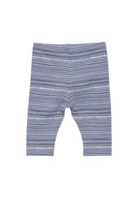 Blå randiga leggings gjorda av mjukt tyg, med horisontella ränder i olika nyanser av blått och beige, med en åtsittande design.