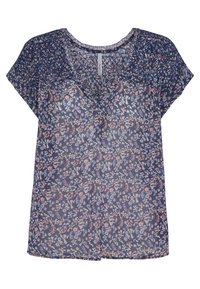 Blouse à manches courtes avec imprimé floral, présentant un décolleté en V, des détails froncés aux épaules, et un tissu léger et transparent en bleu marine avec des accents roses.