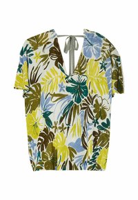 Blusa corta de manga corta con estampado floral y escote en V, con patrones amarillos, azules y verdes sobre un fondo blanco. Cierre de lazo en la parte posterior del cuello.
