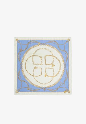 Quadratisches Tuch mit blauem und cremefarbenem Hintergrund, verziert mit Mustern aus goldenen Ketten und geflochtenen Seilen, die kreisförmige und geschlungene Formen bilden.