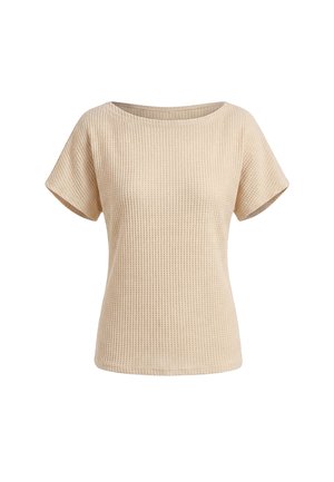 Beige top met korte mouwen in wafelbreisel met een ronde hals en een ontspannen pasvorm, getoond op een witte achtergrond.