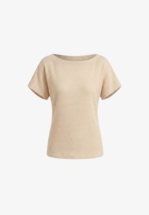 Beige top met korte mouwen in wafelbreisel met een ronde hals en een ontspannen pasvorm, getoond op een witte achtergrond.