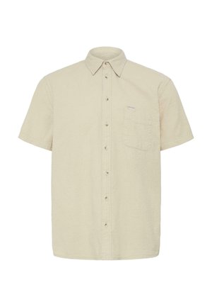 Beige kortermet skjorte med knapper, spiss krage og brystlomme på hvit bakgrunn.