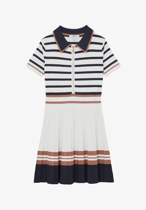 Robe polo rayée avec fermeture éclair sur le devant, présentant des rayures bleu marine, blanches et rouille. Jupe plissée avec des couleurs contrastantes à l'ourlet.