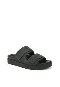 Sandales noires avec des brides en tissu à textures doubles, fermetures Velcro réglables et une épaisse semelle en caoutchouc pour le confort et l'adhérence.