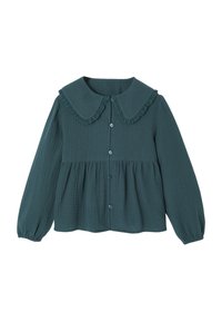 Teal long-sleeve blouse with gathered waist, button front, and large rounded collar edged with lace trim.