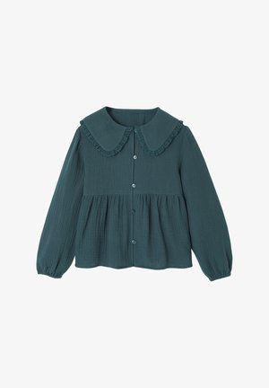Teal long-sleeve blouse with gathered waist, button front, and large rounded collar edged with lace trim.