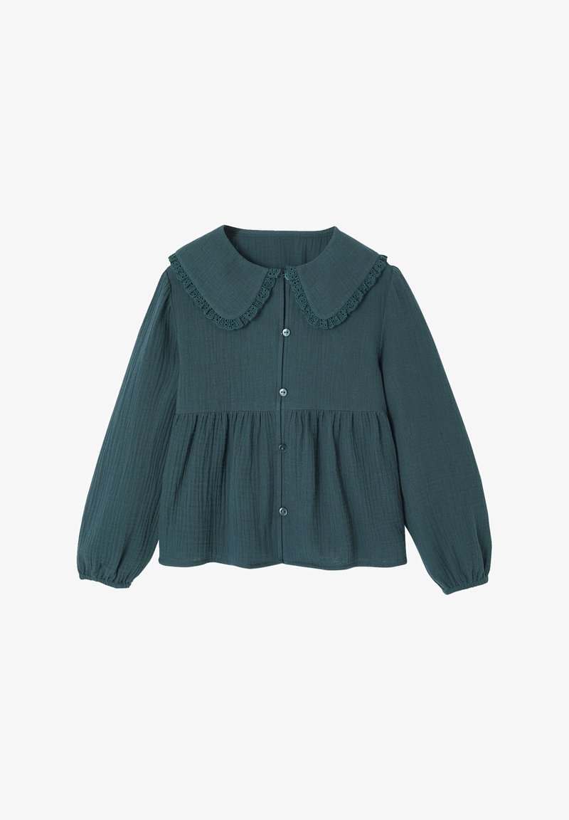 Teal long-sleeve blouse with gathered waist, button front, and large rounded collar edged with lace trim.