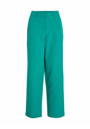 Teal vidde bukser laget av glatt stoff, med høy elastisk linning og uten synlige lommer. Designet er enkelt og skreddersydd.