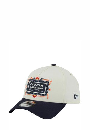 White cap with a navy brim, featuring an embroidered logo patch for Oracle Red Bull Racing and decorative colorful stitching details.
