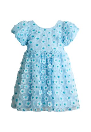 Lyseblå kortærmet kjole til småbørn med 3D hvide blomster med turkise midter, der dækker hele stoffet.