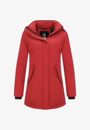 Rode jas met een hoge kraag, ritssluiting aan de voorkant en twee zijzakken. Voorzien van een capuchon en zwarte manchetten voor contrast. Glad stoftextuur.