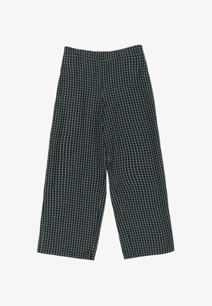 Tumedate laiad püksid kollase ruudustiku mustriga, lapik eesmine osa ja keskmise kõrgusega vöökoht.
