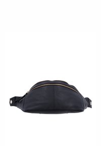 Zwarte leren crossbodytas met gouden rits, afgeronde vorm, platte basis en verstelbare band. Voorzien van zilverkleurige metalen accenten.