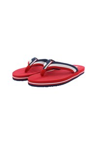 Červené žabky s texturovaným páskem, mají tmavě modrou látkovou horní část a bílé akcentové pruhy. Měkká gumová podrážka pro pohodlí.