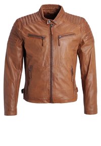 Giacca da moto in pelle marrone con dettagli trapuntati sulle spalle, due tasche sul petto con zip e due tasche laterali con zip.