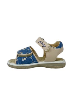 Sandalo in denim blu con dettagli crema, cinturino regolabile in velcro, ricamo floreale e suola in gomma testurizzata per una migliore presa.