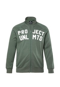 Felpa con zip di colore verde oliva, con la scritta bianca "PROJECT UNL MTD" sul davanti, polsini a costine e colletto alto.