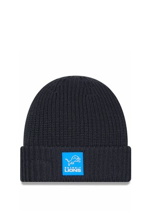 Bonnet tricoté noir avec revers avec un patch bleu affichant un logo blanc des Detroit Lions et du texte.