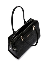 Zwarte neplederen handtas met krokodillenstructuur, dubbele ritsen, gouden hardwareaccenten en een enkele handgreep aan de bovenkant.