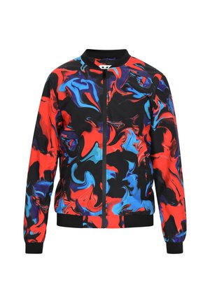 Monivärinen bomber-takki, jossa musta perusta ja kieppuvia kuvioita punaisessa, sinisessä ja purppurassa. Ribbattu kämmensuu ja kaulus. Edessä vetoketjukiinnitys.