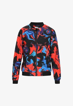 Multicolored bomber jacket featuring a black base with swirling patterns in red, blue, and purple. Ribbed cuffs and collar. Front zip closure.