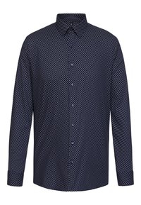 Camicia azzurra a maniche lunghe con bottoni, con piccolo motivo geometrico a pois bianchi e colletto a punta.