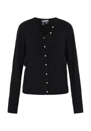 Schwarzer Cardigan aus geripptem Strickmaterial mit V-Ausschnitt und sechs Perlenknöpfen vorne. Das Design wird durch lange Ärmel abgerundet.